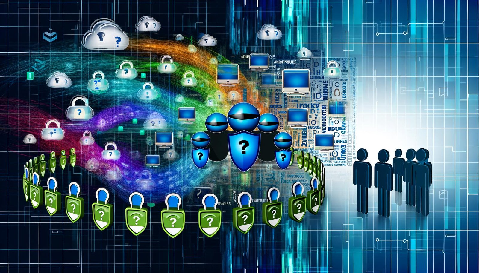 Moderne digitale Illustration mit leuchtenden Datenflüssen, technischen Icons, anonymen Avataren und einer Gegenüberstellung von Datenschutzwächtern und Marketingfiguren.