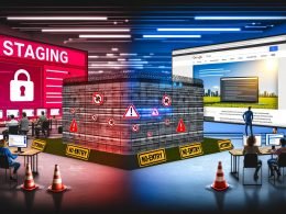 Illustration eines geteilten Bildschirms mit Entwicklerteam vor einer abgesicherten Staging-Site links und einer live geschalteten Website mit Besucherstatistiken rechts, getrennt durch eine digitale Firewall.