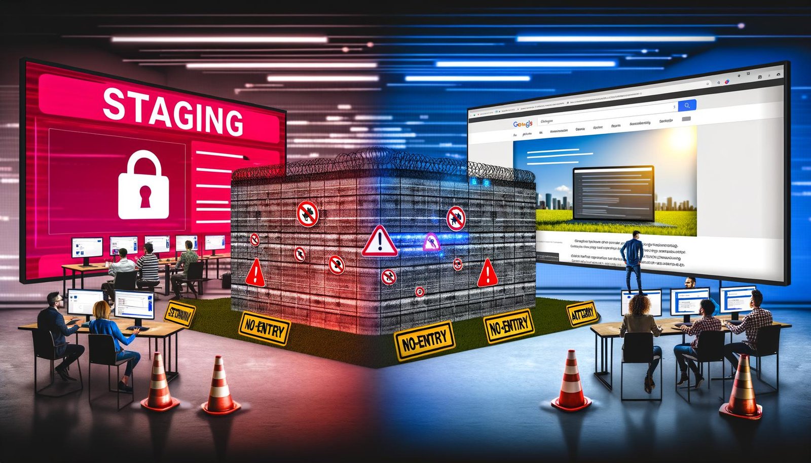 Illustration eines geteilten Bildschirms mit Entwicklerteam vor einer abgesicherten Staging-Site links und einer live geschalteten Website mit Besucherstatistiken rechts, getrennt durch eine digitale Firewall.