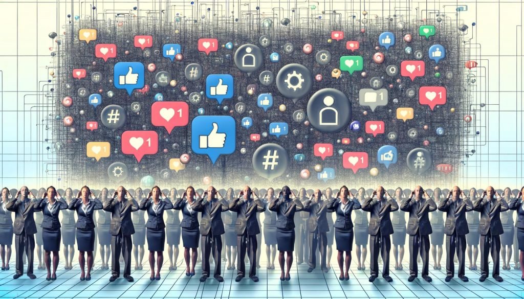 Gestresste Geschäftsleute und frustrierte Neueinsteiger vor strengen Gatekeepern auf der LinkedIn-Benutzeroberfläche, überschattet von einem dunklen Algorithmus im Hintergrund.