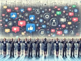 Gestresste Geschäftsleute und frustrierte Neueinsteiger vor strengen Gatekeepern auf der LinkedIn-Benutzeroberfläche, überschattet von einem dunklen Algorithmus im Hintergrund.