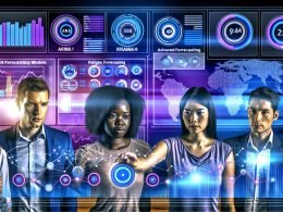 Digitales Marketingteam vor einem hochmodernen Dashboard mit dynamischen Diagrammen, KI-Indikatoren und Datenvisualisierungen für KPI-Forecasting.