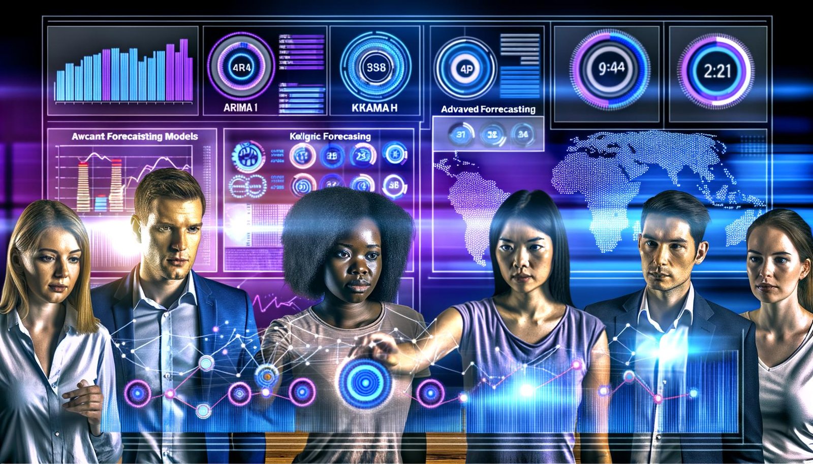 Digitales Marketingteam vor einem hochmodernen Dashboard mit dynamischen Diagrammen, KI-Indikatoren und Datenvisualisierungen für KPI-Forecasting.