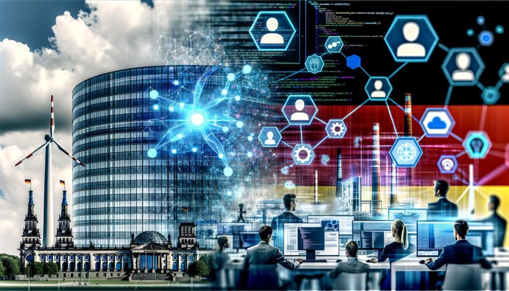 Collage mit modernen Glasbürogebäuden, konzentriert arbeitendem Team vor Bildschirmen mit KI-Code sowie neuronalen Netzen, digitalen deutschen Wahrzeichen und Industrie im Hintergrund.