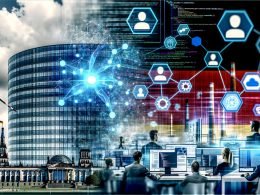 Collage mit modernen Glasbürogebäuden, konzentriert arbeitendem Team vor Bildschirmen mit KI-Code sowie neuronalen Netzen, digitalen deutschen Wahrzeichen und Industrie im Hintergrund.