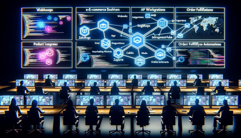 Futuristische Kommandozentrale mit Monitoren, die Shopify-Dashboards, API-Code, Automatisierungs-Workflows und E-Commerce-Integrationen zeigen, umgeben von professionellen Teammitgliedern.