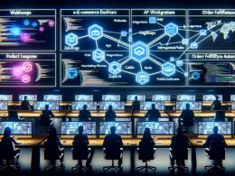 Futuristische Kommandozentrale mit Monitoren, die Shopify-Dashboards, API-Code, Automatisierungs-Workflows und E-Commerce-Integrationen zeigen, umgeben von professionellen Teammitgliedern.