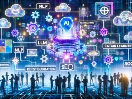 Futuristische KI-Content-Engine mit schwebendem Interface, dynamischen Datenströmen, Menschen am Rand, vernetzten Systemen, Dashboard für automatisierte Textproduktion, ethischen Warnsymbolen, Implementierungs-Flowchart und modernen AI-Tools.