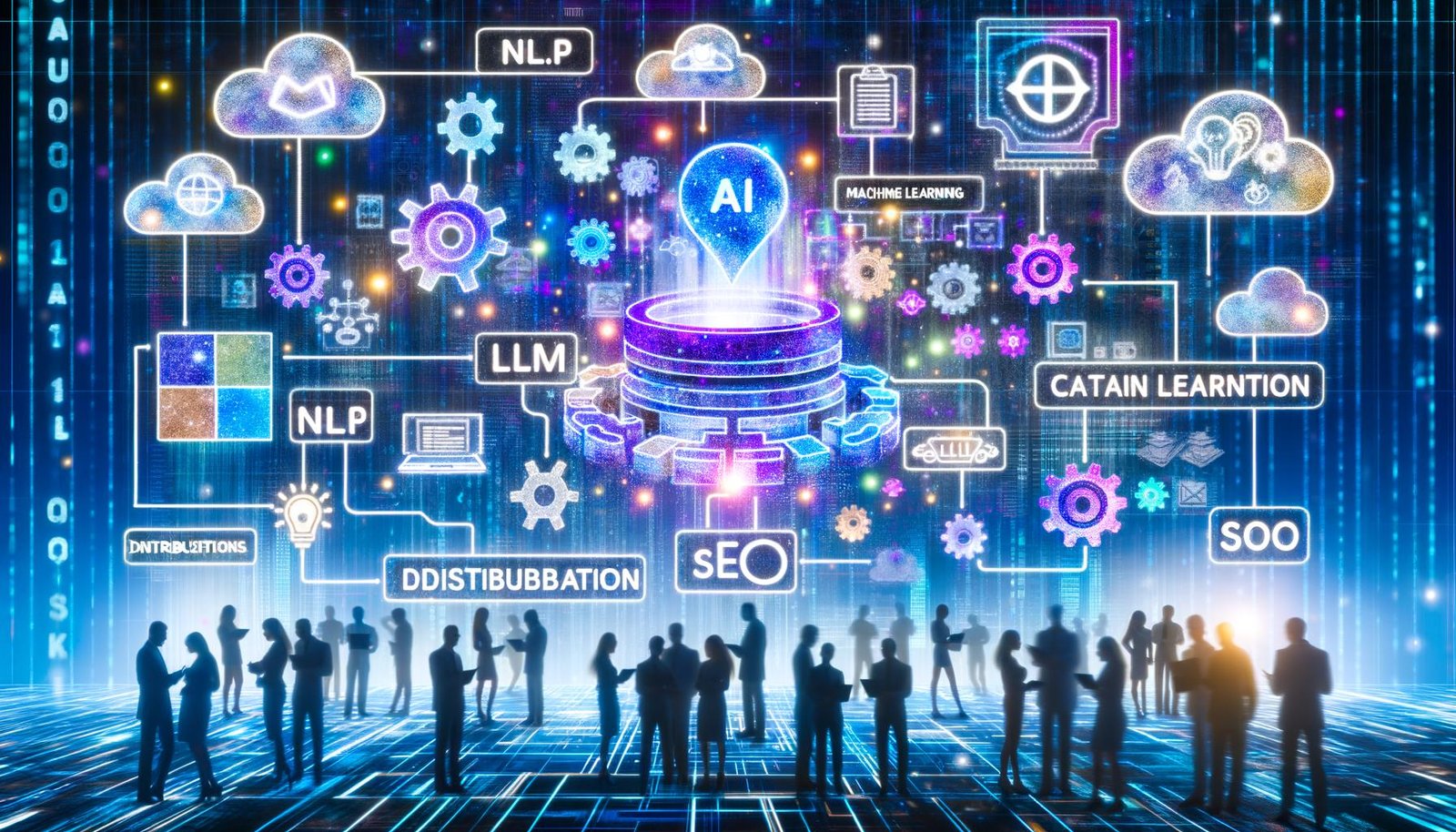 Futuristische KI-Content-Engine mit schwebendem Interface, dynamischen Datenströmen, Menschen am Rand, vernetzten Systemen, Dashboard für automatisierte Textproduktion, ethischen Warnsymbolen, Implementierungs-Flowchart und modernen AI-Tools.