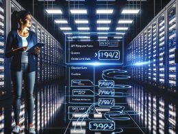 High-Tech-Serverraum mit Datenkabeln, digitalem Dashboard zur Überwachung von API-Flows und einem selbstbewussten Softwareentwickler mit Tablet im Vordergrund.