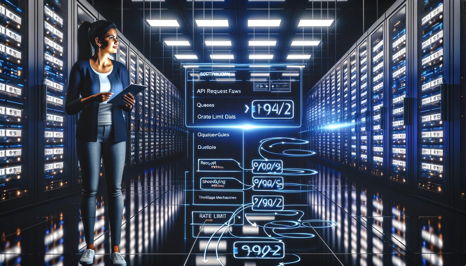 High-Tech-Serverraum mit Datenkabeln, digitalem Dashboard zur Überwachung von API-Flows und einem selbstbewussten Softwareentwickler mit Tablet im Vordergrund.