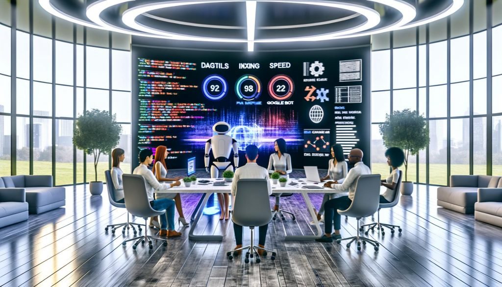 SEO-Expertenteam und humanoider Roboter analysieren technische SEO-Dashboarddaten in einem futuristischen Open-Space-Büro mit großem Digital-Screen.