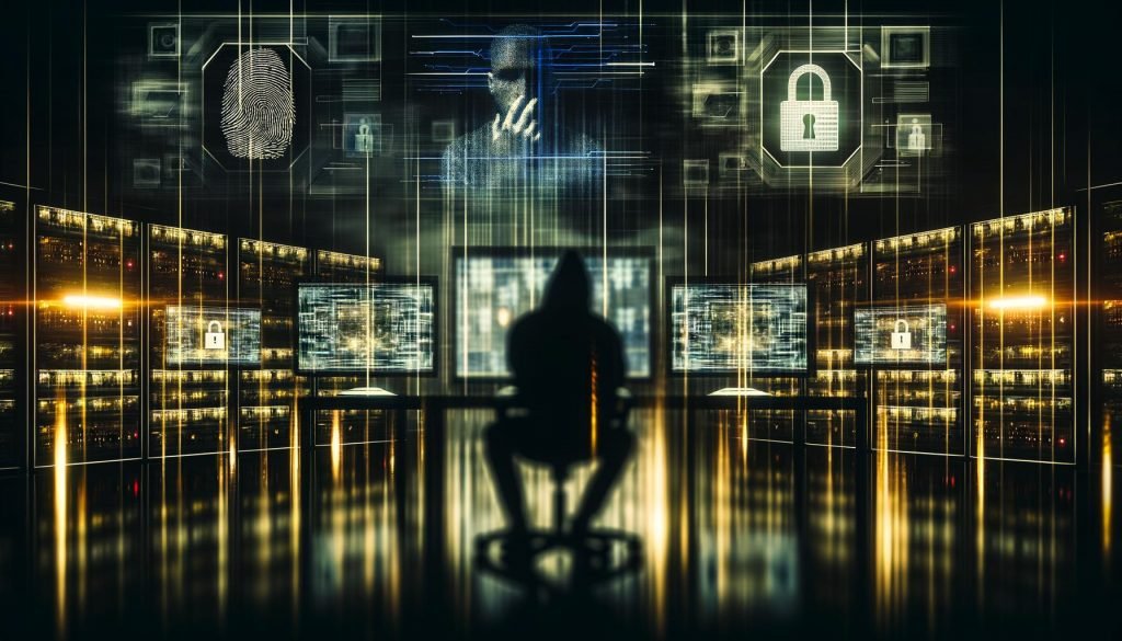 Verschwommene Person in dunklem Raum vor transparenten Monitoren mit digitalen Fingerabdrücken, Diagrammen und Matrix-Codes, umgeben von Datenschutz- und Überwachungssymbolen sowie goldenen Datenströmen.