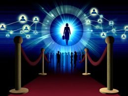 Illustration mit LinkedIn-Logo als Türsteher vor einem Club, wo Geschäftsleute versuchen, Zugang zum inneren Netzwerk-Kreis zu erhalten, während digitale Symbole von Gruppen, Hashtags und Algorithmen um das Logo kreisen.