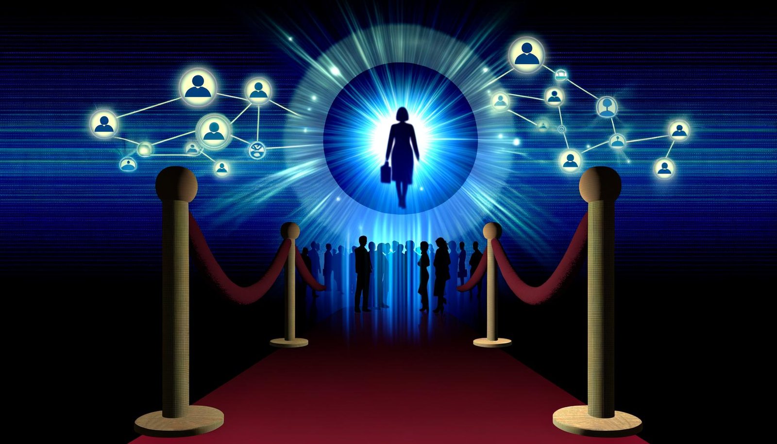 Illustration mit LinkedIn-Logo als Türsteher vor einem Club, wo Geschäftsleute versuchen, Zugang zum inneren Netzwerk-Kreis zu erhalten, während digitale Symbole von Gruppen, Hashtags und Algorithmen um das Logo kreisen.