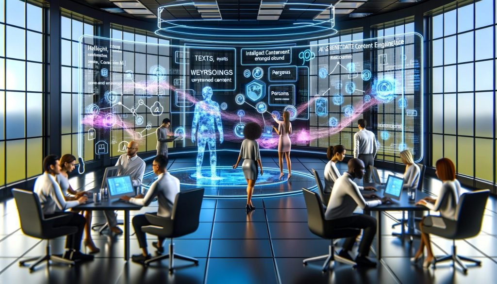 Futuristisches Marketingbüro mit Team, das mithilfe von KI-generierten Inhalten und holografischen Dashboards arbeitet, Datenströme und innovative Technologie sichtbar.