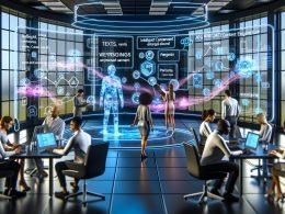 Futuristisches Marketingbüro mit Team, das mithilfe von KI-generierten Inhalten und holografischen Dashboards arbeitet, Datenströme und innovative Technologie sichtbar.