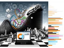 Große Achterbahn mit unterbrochenen Schienen als Metapher für komplexe Automatisierung und Datenflüsse, digitale Symbole und ein Laptop mit bunter Plattform vor technischen Blueprint-Grafiken, moderne Farben.