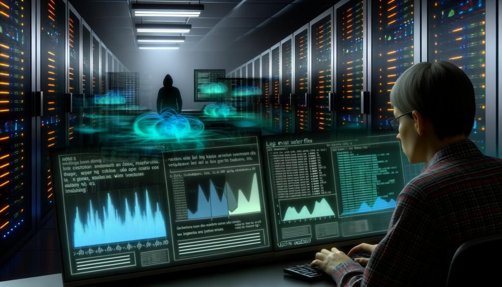 Serverraum bei Nacht mit Analyst, großen Monitoren voller Balken- und Liniendiagramme sowie Logfile-Datenzeilen und leuchtenden Server-Racks.