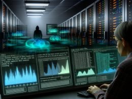 Serverraum bei Nacht mit Analyst, großen Monitoren voller Balken- und Liniendiagramme sowie Logfile-Datenzeilen und leuchtenden Server-Racks.