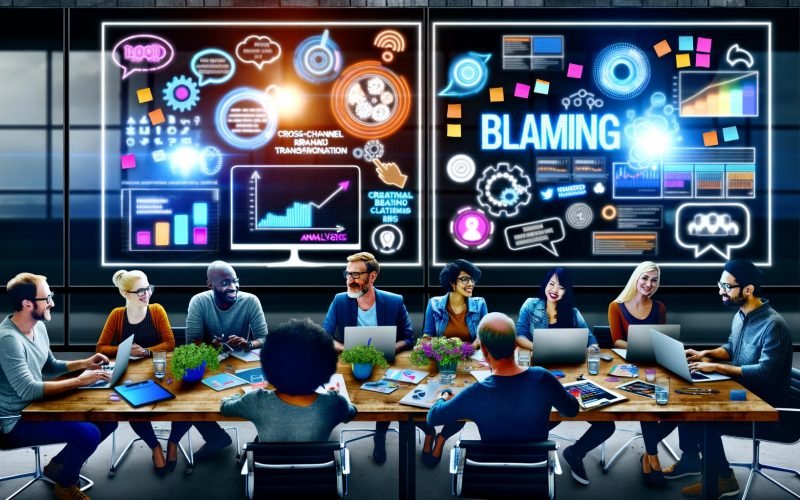 Kreatives Team an großem Tisch mit Laptops und Tablets, Branding-Elementen auf Bildschirmen, Post-its und Moodboards im modernen Büro