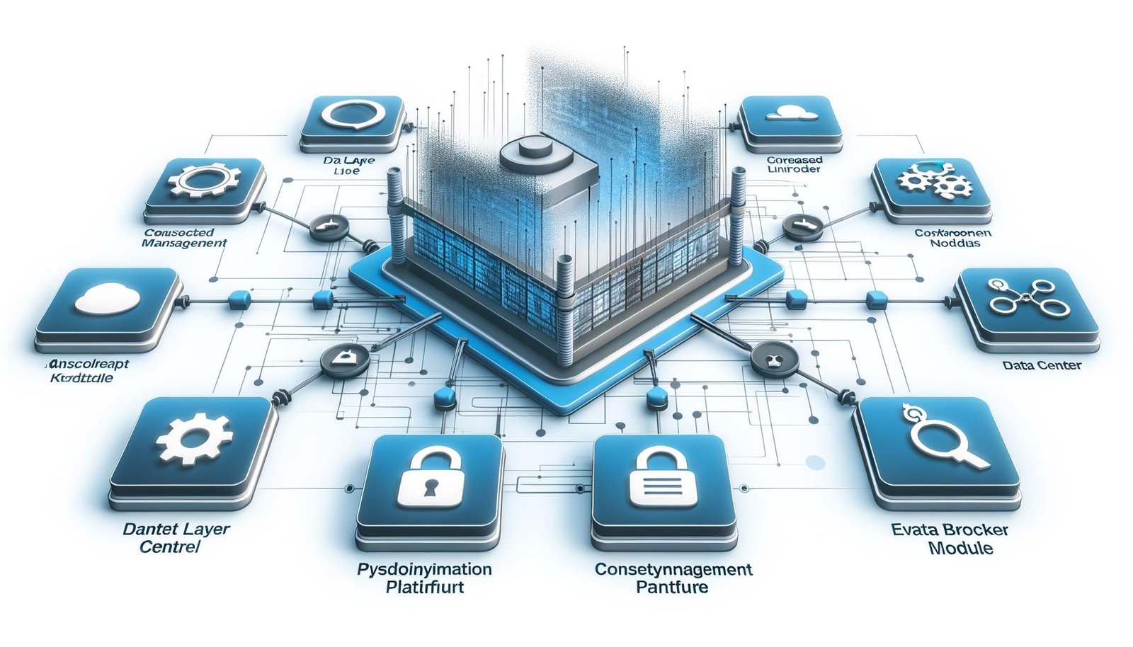 Modernes, abstraktes Schaubild einer Architektur für anonymes User-Tracking mit Server, verschiedenen Modulen, Datenpool und Datenschutzsymbolen im Tech-Design.