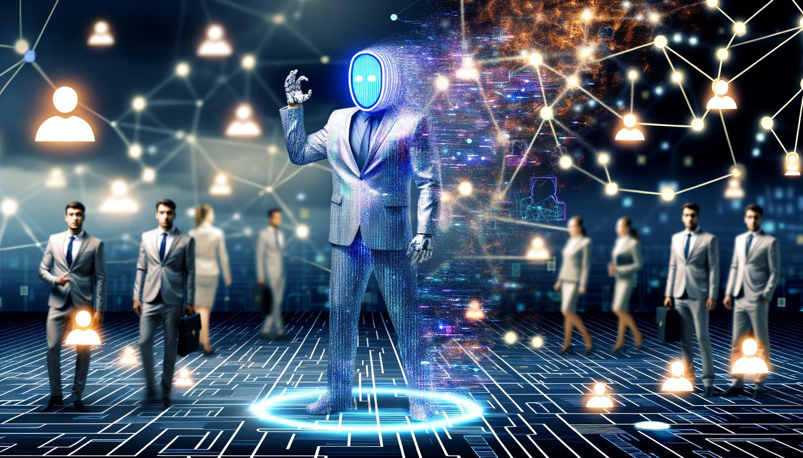 Illustration einer digitalen Arena mit Businessleuten, halb-menschlichem, halb-algorithmischem Torwächter und leuchtendem LinkedIn-Portal im Zentrum