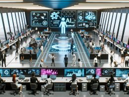 Futuristisches Großraumbüro mit moderner KI-Steuereinheit, digitalen Arbeitsplätzen, holografischen Dashboards, vielfältigen Menschen und automatisierten Elementen im Jahr 2024