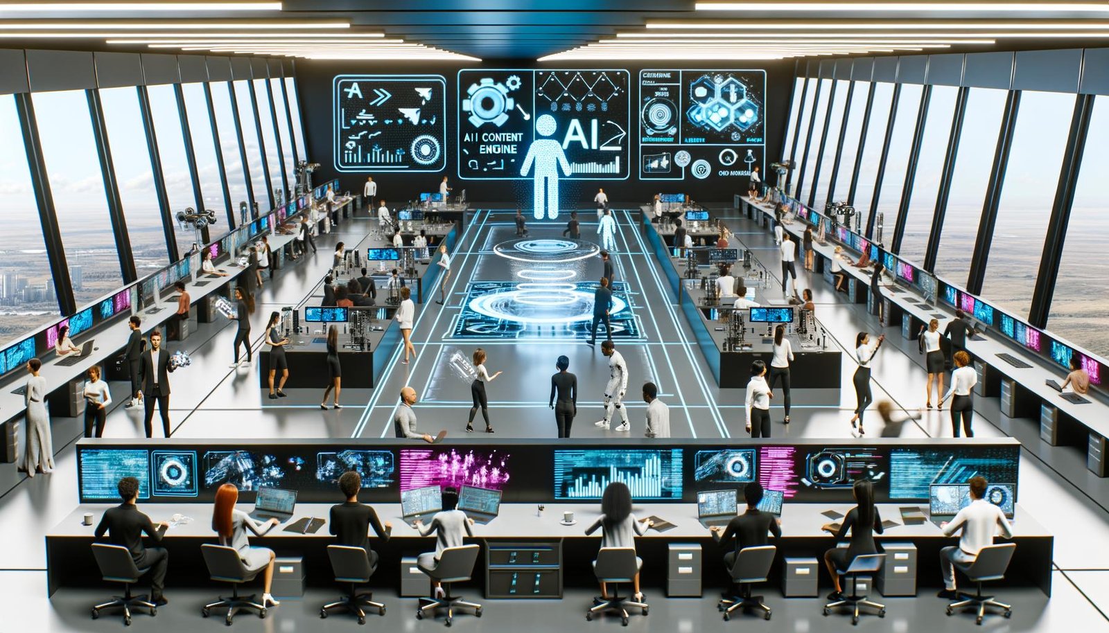 Futuristisches Großraumbüro mit moderner KI-Steuereinheit, digitalen Arbeitsplätzen, holografischen Dashboards, vielfältigen Menschen und automatisierten Elementen im Jahr 2024
