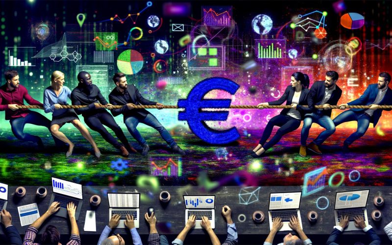 Teams aus Marketern und Analysten ziehen ein dickes Euro-Seil über einen Tisch voller Laptops, Excel-Tabellen und leuchtender Algorithmen, umgeben von digitalen Anzeigen und Datenströmen.
