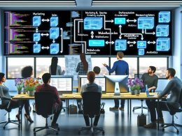 Entwickler und Marketingspezialisten diskutieren Datentransfers, Flowcharts und API-Dokumentationen in einem modernen Büro mit Monitoren und Whiteboard.