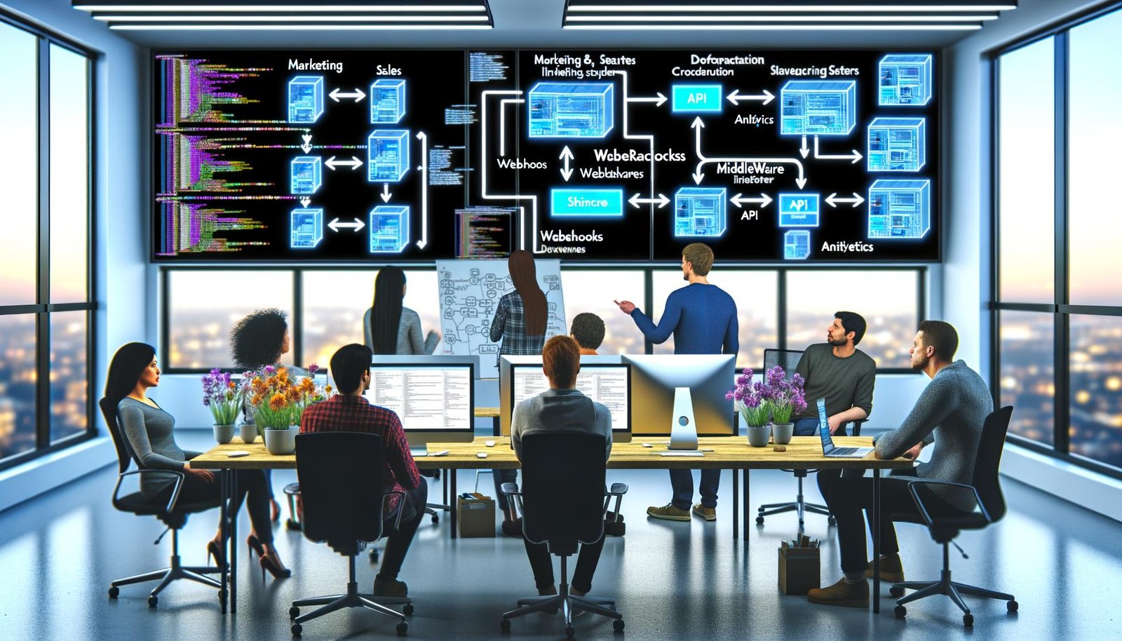 Entwickler und Marketingspezialisten diskutieren Datentransfers, Flowcharts und API-Dokumentationen in einem modernen Büro mit Monitoren und Whiteboard.