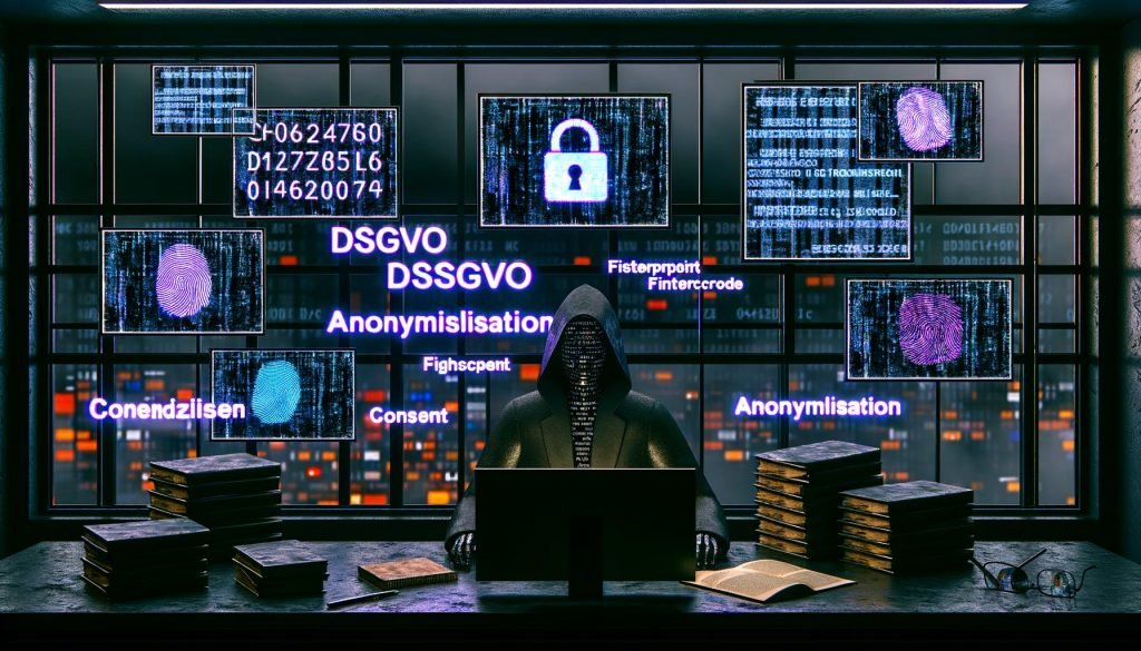 Futuristisches Büro mit anonymisierter Person, leuchtenden Datenschutz-Begriffen und Computern mit Datenströmen, Hashcodes und Fingerprint-Icons.
