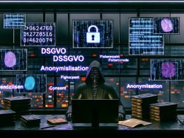 Futuristisches Büro mit anonymisierter Person, leuchtenden Datenschutz-Begriffen und Computern mit Datenströmen, Hashcodes und Fingerprint-Icons.