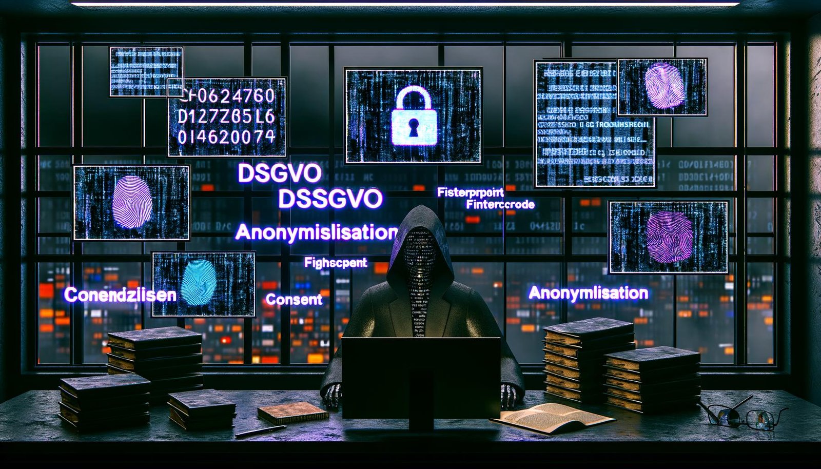 Futuristisches Büro mit anonymisierter Person, leuchtenden Datenschutz-Begriffen und Computern mit Datenströmen, Hashcodes und Fingerprint-Icons.