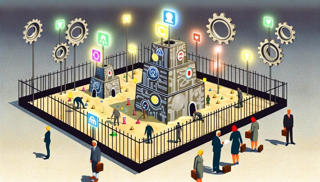 Stilisierter Sandkasten mit Erwachsenen in Businesskleidung, die LinkedIn-Türme bauen, während ein Algorithmus entscheidet, wer hinein darf.