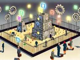 Stilisierter Sandkasten mit Erwachsenen in Businesskleidung, die LinkedIn-Türme bauen, während ein Algorithmus entscheidet, wer hinein darf.