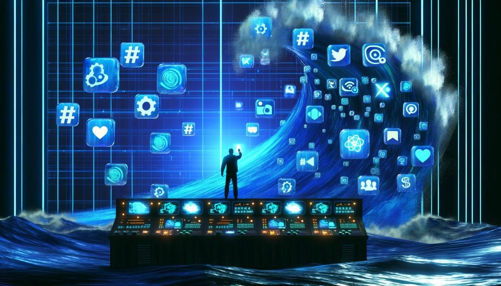 Mensch vor gigantischer digitalen Social Media Datenwelle, versucht mit leuchtendem Kontrollpanel und Cyberpunk-Ästhetik die Datenflut zu kontrollieren.