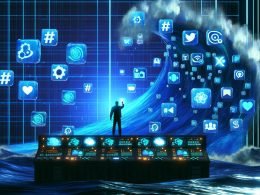 Mensch vor gigantischer digitalen Social Media Datenwelle, versucht mit leuchtendem Kontrollpanel und Cyberpunk-Ästhetik die Datenflut zu kontrollieren.