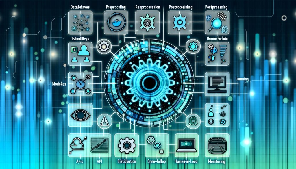Schematische Darstellung eines modernen, KI-gesteuerten Content-Engine-Workflows mit leuchtenden Linien zwischen Icons für Dateninput, Preprocessing, Prompt Engineering, Modellausführung, Nachbearbeitung, Human-in-the-Loop, Distribution und Monitoring in blauen, digitalen Farbtönen.