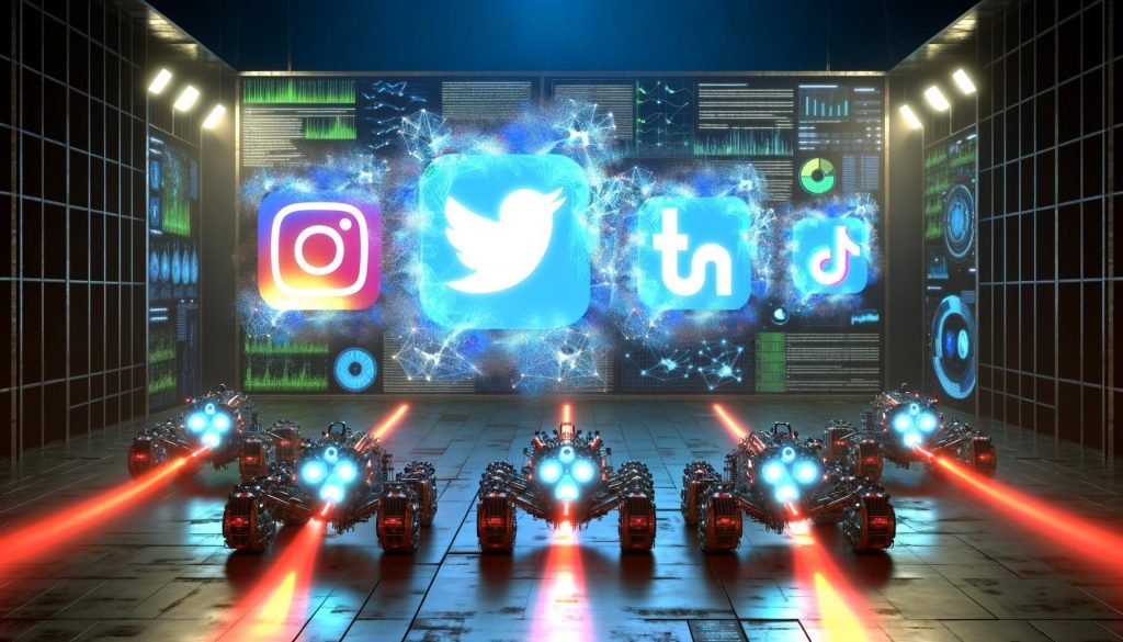 Cyberpunk-Maschinenraum mit leuchtenden Social Media Symbolen, datengesteuerten Kabeln, robotischen Crawlern und digitalen Dashboards voller Algorithmen und Metriken.