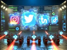 Cyberpunk-Maschinenraum mit leuchtenden Social Media Symbolen, datengesteuerten Kabeln, robotischen Crawlern und digitalen Dashboards voller Algorithmen und Metriken.