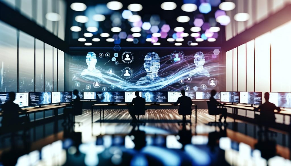 Modernes, futuristisches Büro mit leuchtender Hardware, mehreren Monitoren mit anonymisierten Dashboards und einer digitalen Marketerin bei der Analyse von aggregierten Daten.
