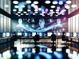 Modernes, futuristisches Büro mit leuchtender Hardware, mehreren Monitoren mit anonymisierten Dashboards und einer digitalen Marketerin bei der Analyse von aggregierten Daten.