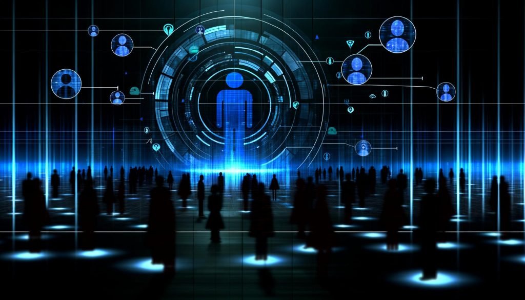 Digitales Kontrollzentrum mit LinkedIn-Logo, komplexem Dashboard, Silhouetten von Menschen hinter Firewalls, Zensurbalken und gefilterten Nutzerstimmen in bläulichem Licht