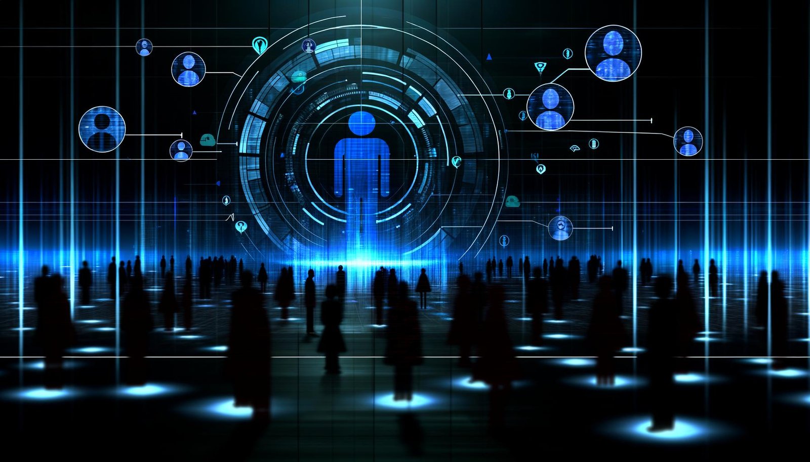 Digitales Kontrollzentrum mit LinkedIn-Logo, komplexem Dashboard, Silhouetten von Menschen hinter Firewalls, Zensurbalken und gefilterten Nutzerstimmen in bläulichem Licht