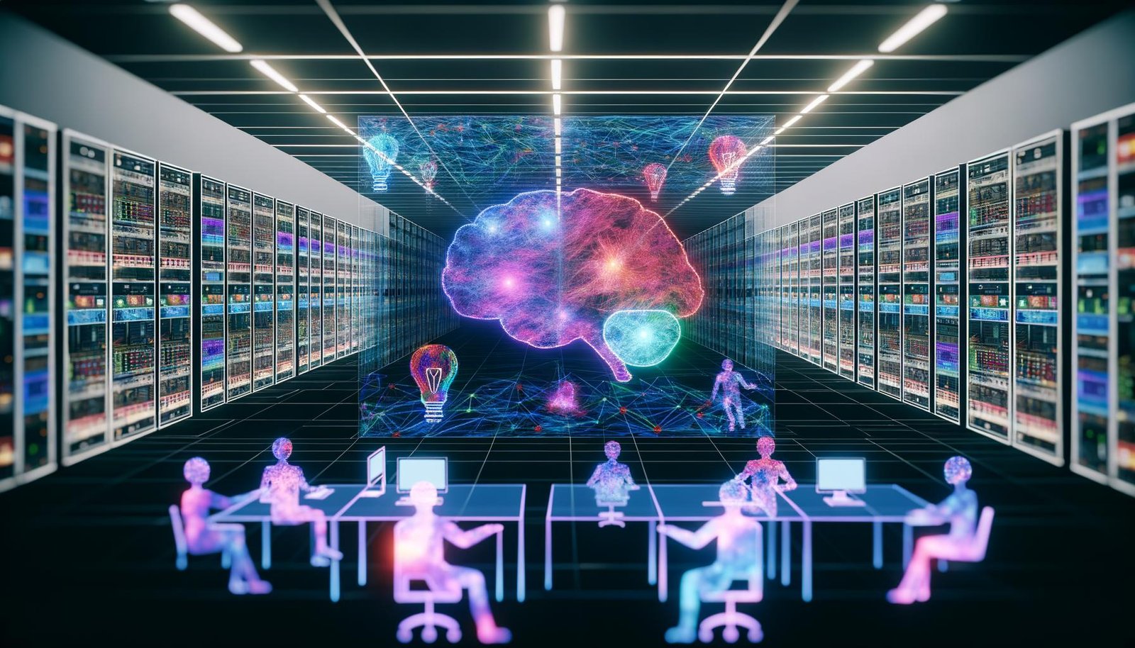 Futuristisches Großraumbüro mit holografischen Texten und Grafiken, halbtransparenten KI-Silhouetten an Schreibtischen, Serverracks und einem leuchtenden neuronalen Netzwerk im Zentrum.