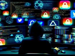 Analytische Schaltzentrale mit Person im Hoodie am Laptop und dynamischen Social Media Oberflächen, Codes und Sicherheitsanzeigen im digitalen Maschinenraumstil.