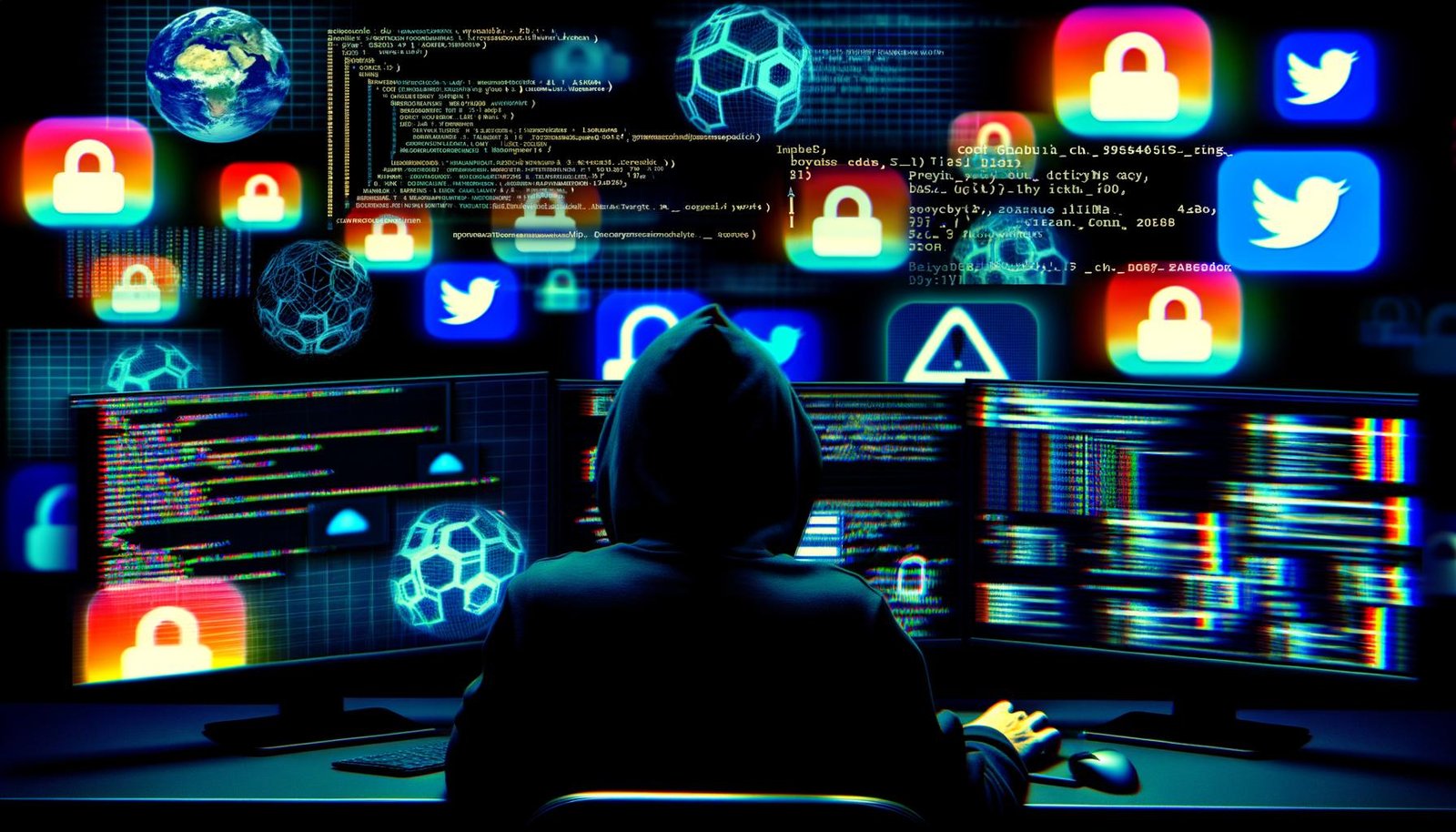 Analytische Schaltzentrale mit Person im Hoodie am Laptop und dynamischen Social Media Oberflächen, Codes und Sicherheitsanzeigen im digitalen Maschinenraumstil.