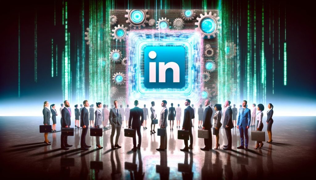 Illustrationen zeigen LinkedIn als digitale Arena mit Torwächtern, Algorithmen, Influencer-Taktikraum, Analyse-Tools und einer strategischen Landkarte durch Netzwerklabyrinthe. Weitere Motive sind Waagschalen mit Gatekeepern und Newcomern sowie ein strategischer Schachzug auf Datenfeldern.